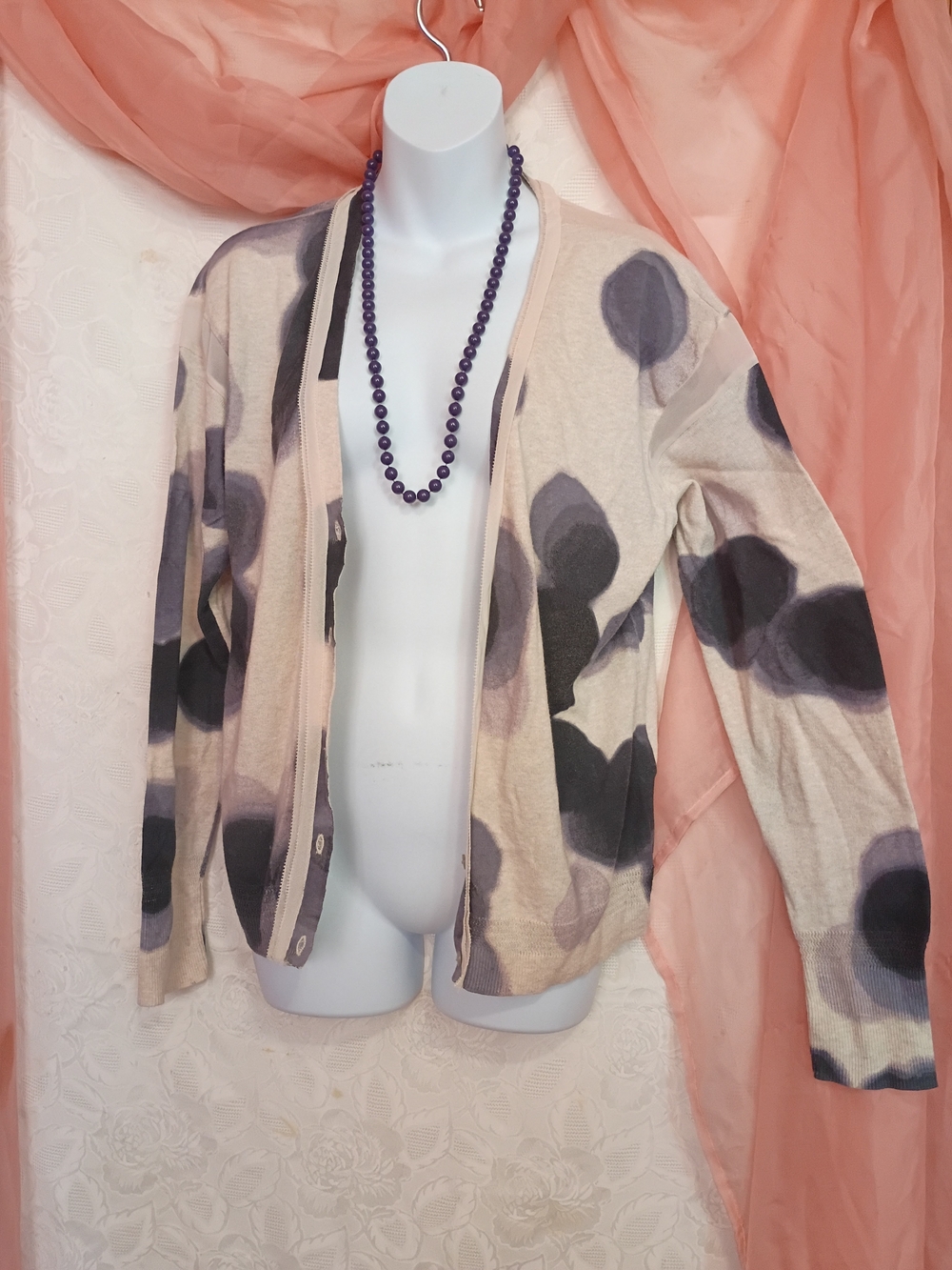 Simply Vera Vera Wang Cream Cardigan with Cream and Purple Abstract Spots Sz Lg